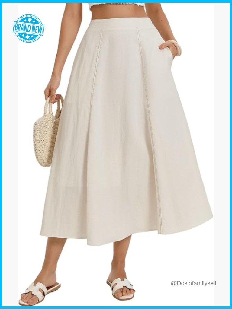 High Waist A-Line Linen Blend Maxi Skirt Flowy Summer Midi Skirt With Pockets